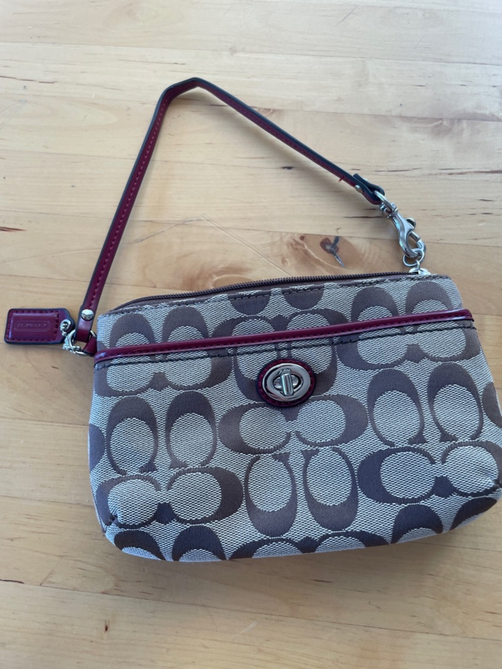 Coach Brown Signature Canvas Wristlet with Burgundy Trim